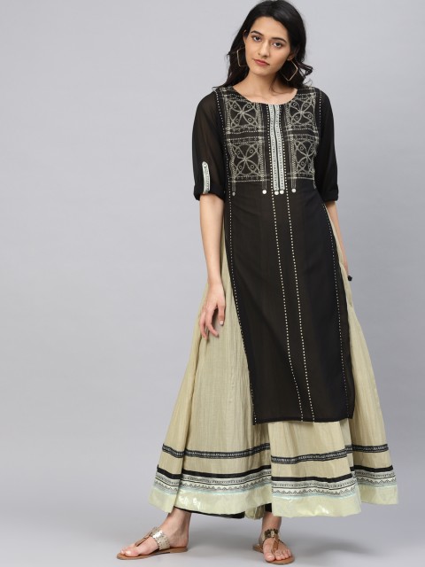 

W Women Black & Beige Yoke Design Layered Anarkali Kurta