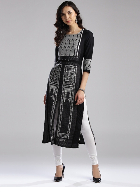 

W Women Black & White Woven Design Straight Kurta