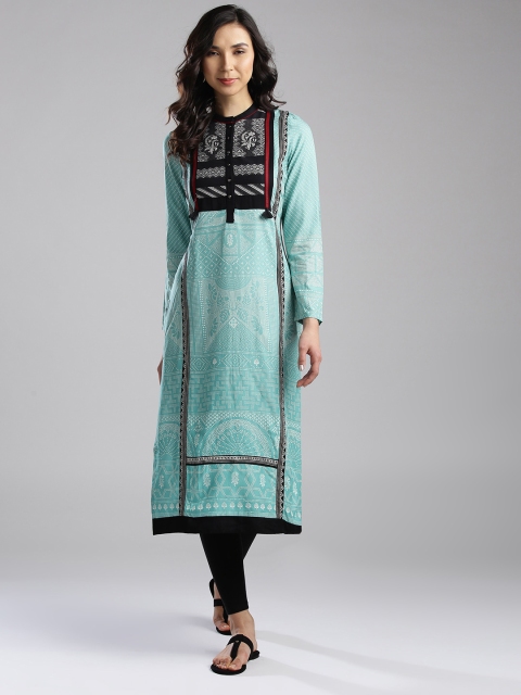 

W Women Blue & Black Printed Straight Kurta