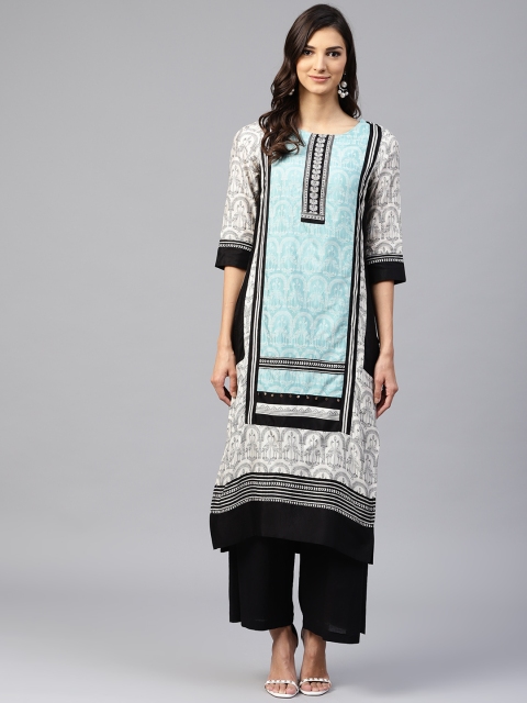

W Women Blue & White Printed Straight Kurta
