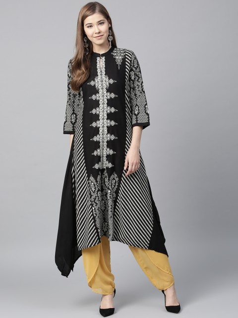 

W Women Black & Off-White Printed Asymmetrical Hem A-Line Kurta