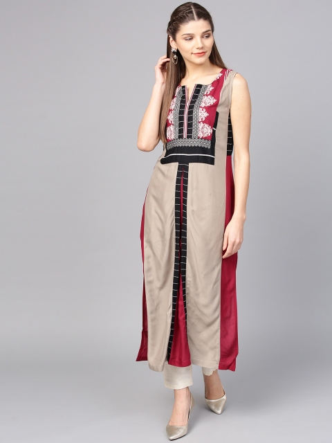 

W Women Taupe & Maroon Colourblocked Straight Kurta with Yoke Design Detail