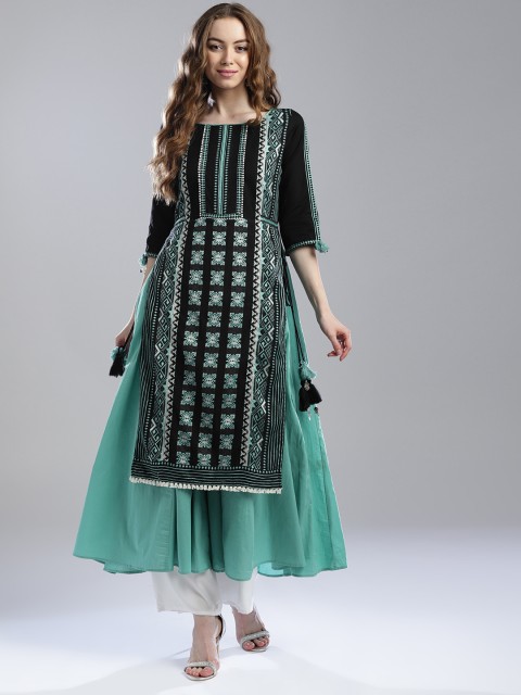 

W Women Black & Sea Green Woven Design A-Line Kurta