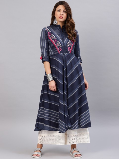 

W Women Navy & Off-White Striped A-Line Kurta, Navy blue