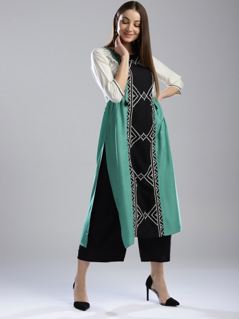 

W Women Sea Green & Black Printed A-Line Kurta