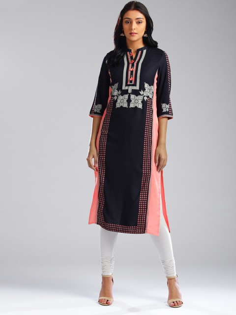 

W Women Navy Blue & Peach-Coloured Printed Straight Kurta