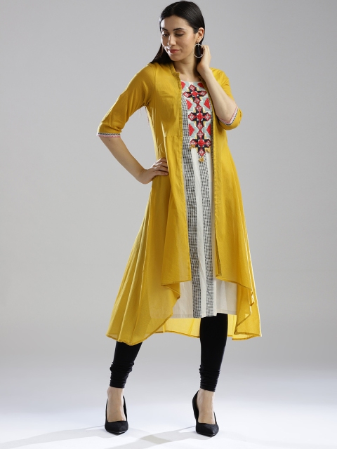 

W Women Off-White & Yellow Woven Design A-Line Layered Kurta