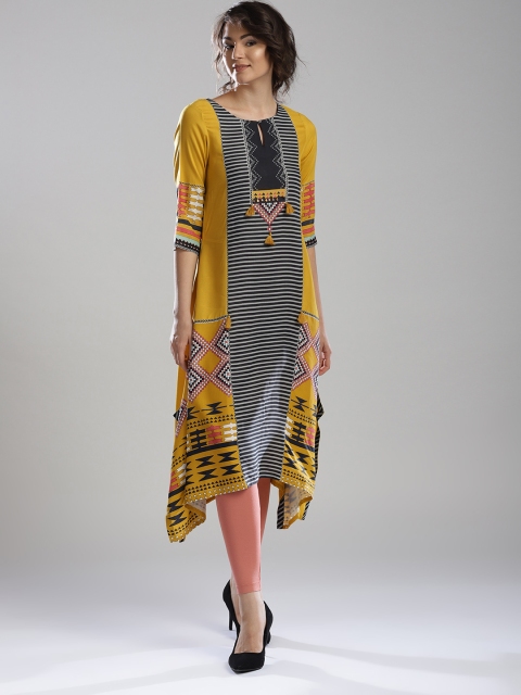 

W Women Mustard Yellow & Black Striped A-Line Kurta