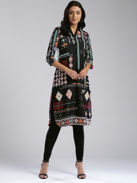

W Women Black & Blue Printed Straight Kurta