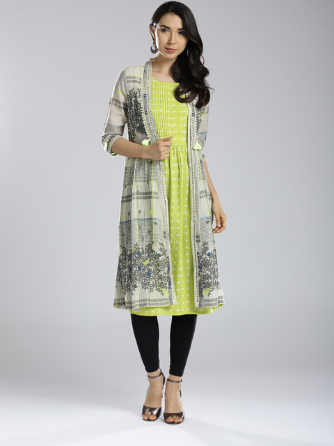 

W Women Lime Green & Grey Printed Layered A-Line Kurta