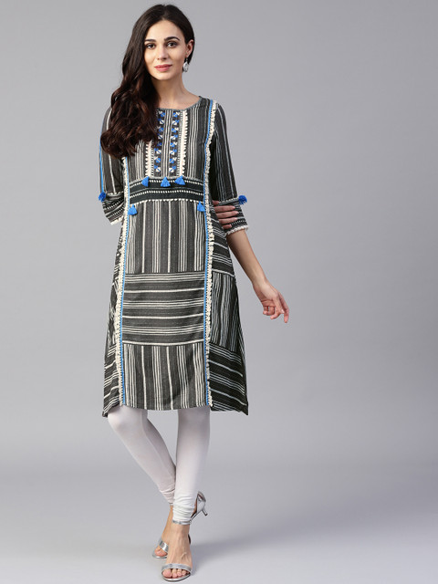 

W Women Charcoal Grey & Off-White Striped A-Line Kurta