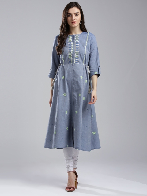 

W Women Blue & Fluorescent Green Quirky Print A-Line Kurta