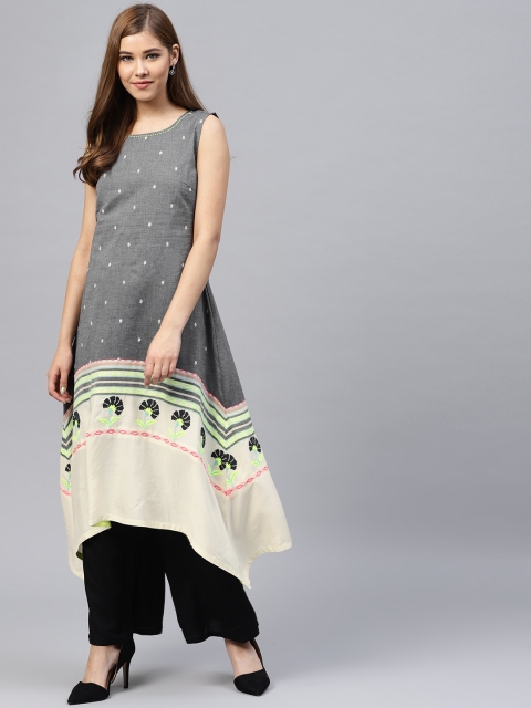

W Women Grey & Off-White Embroidered Asymmetric A-Line Kurta
