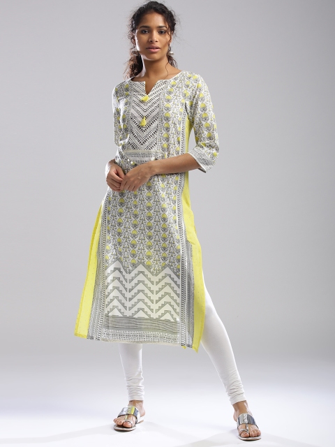 

W Women White & Lime Green Printed Straight Kurta