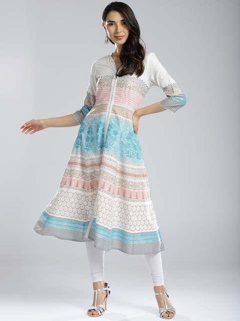 

W Women White & Blue Printed A-Line Kurta