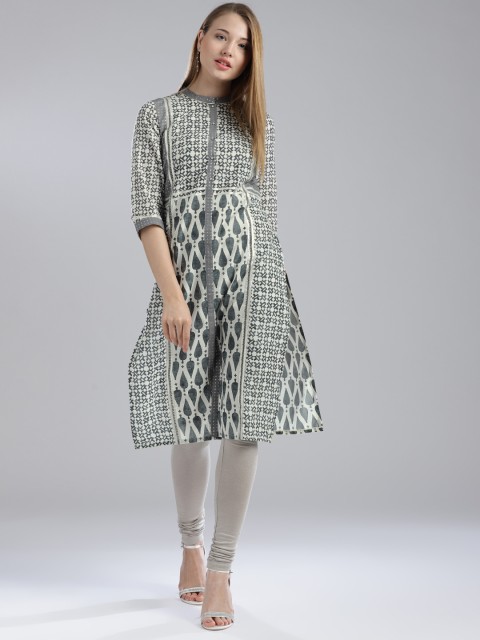 

W Women Grey & White Printed Straight Kurta