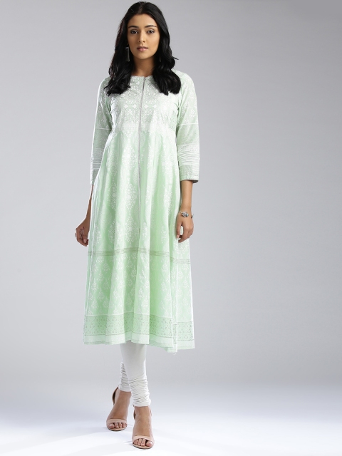 

W Women Green & White Printed Anarkali Kurta