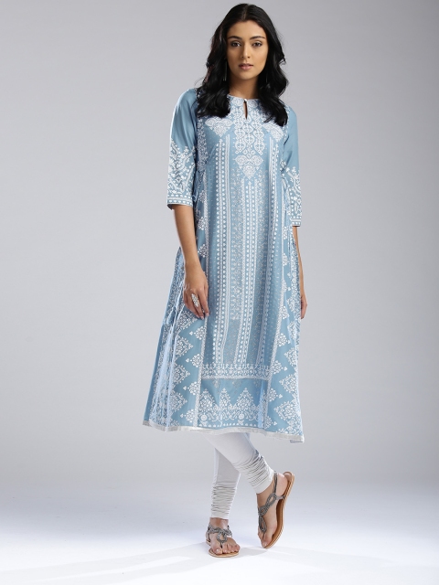 

W Women Blue & White Printed A-Line Kurta