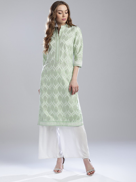 

W Women Green & Silver Printed Straight Kurta