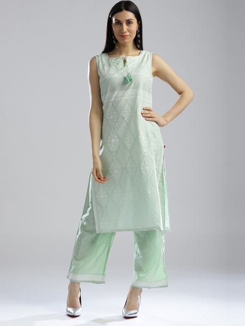 

W Women Green & White Printed Straight Kurta