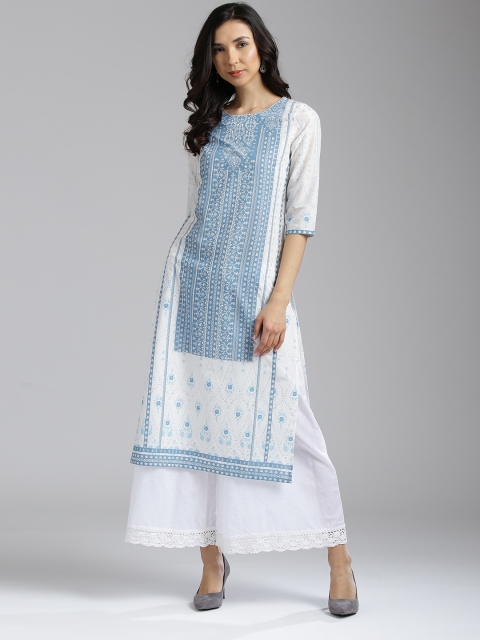 

W Women White & Blue Printed Straight Kurta