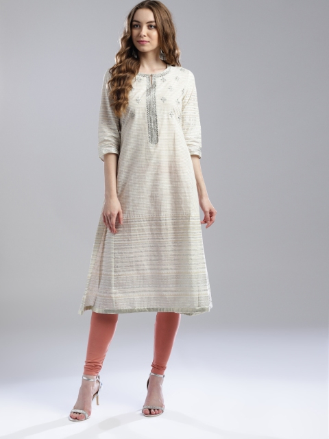 

W Women Off-White & Silver Striped A-Line Kurta