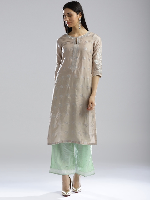 

W Women Taupe & Silver Printed Straight Kurta