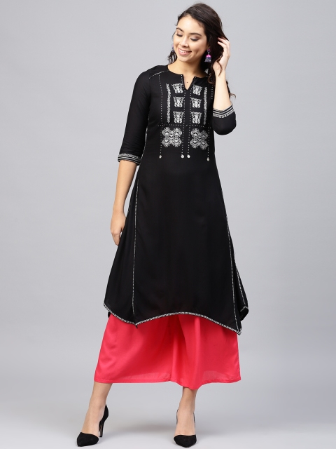 

W Women Black & White Yoke Design Asymmetric A-Line Kurta