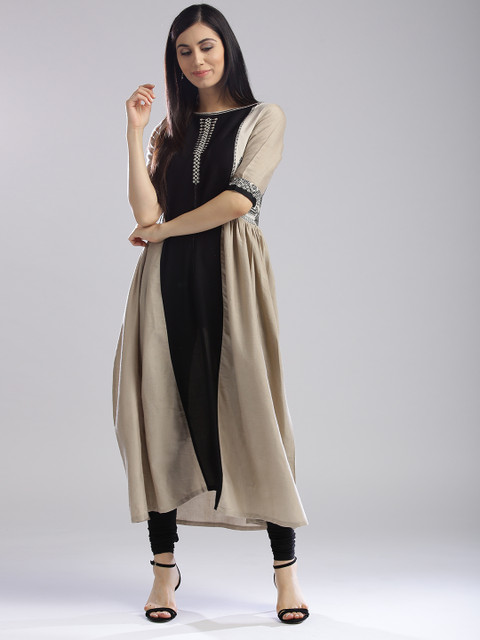 

W Women Beige & Black Colourblocked A-Line Kurta