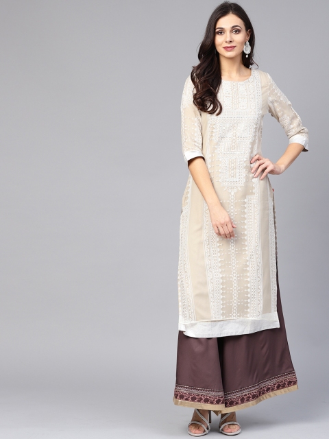 

W Women Beige & White Printed Straight Kurta