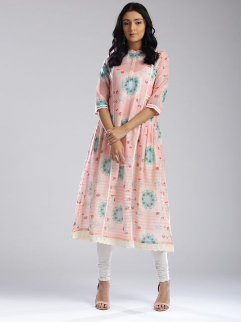 

W Women Pink & Green Printed Anarkali Kurta