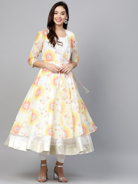 

W Women White & Yellow Printed Layered Anarkali Kurta