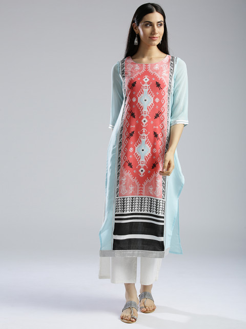

W Women Coral Orange & Blue Printed Straight Kurta