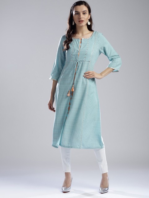 

W Women Blue & Orange Printed A-Line Kurta