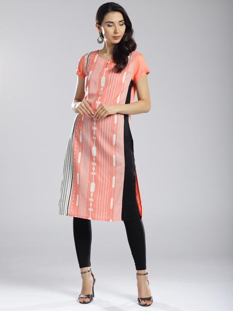 

W Women Peach-Coloured & White Striped Straight Kurta