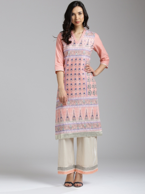 

W Women Pink & Blue Printed Straight Kurta