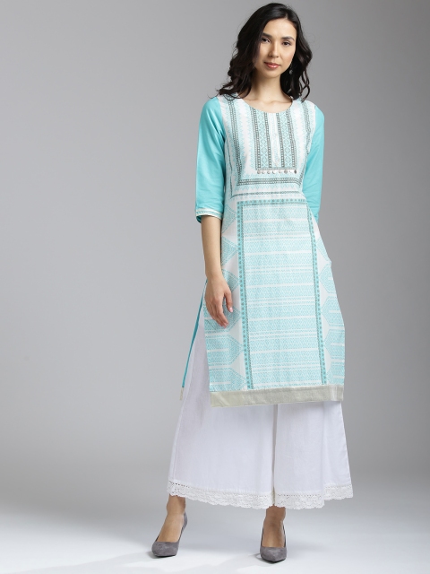 

W Women White & Blue Printed Straight Kurta