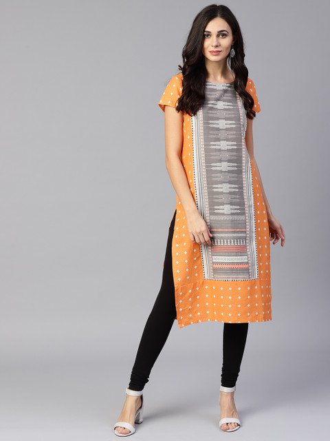 

W Women Orange & Grey Printed Straight Kurta