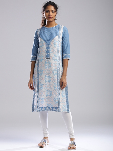 

W Women White & Blue Woven Design Straight Kurta