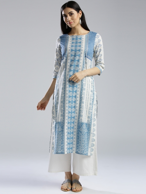 

W Women White & Blue Printed Straight Kurta