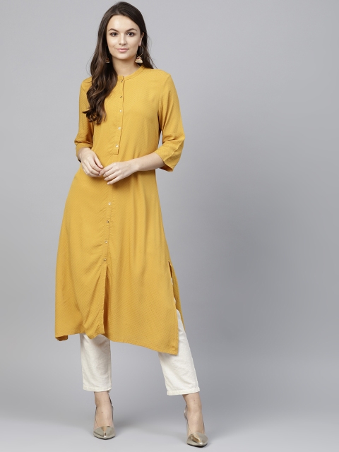 

W Women Mustard Yellow Woven Design Straight Kurta