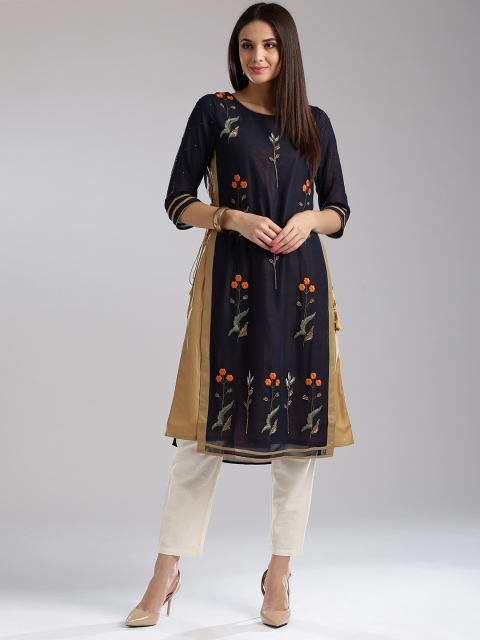 

WISHFUL by WWomen Navy Blue & Beige Floral Embroidered Layered A-Line Kurta