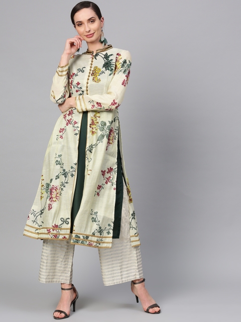 

W Women Green & Beige Floral Printed A-Line Layered Kurta