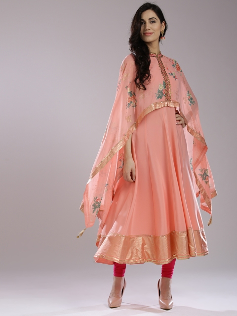 

WISHFUL by W Women Peach-Coloured Printed Layered A-Line Kurta