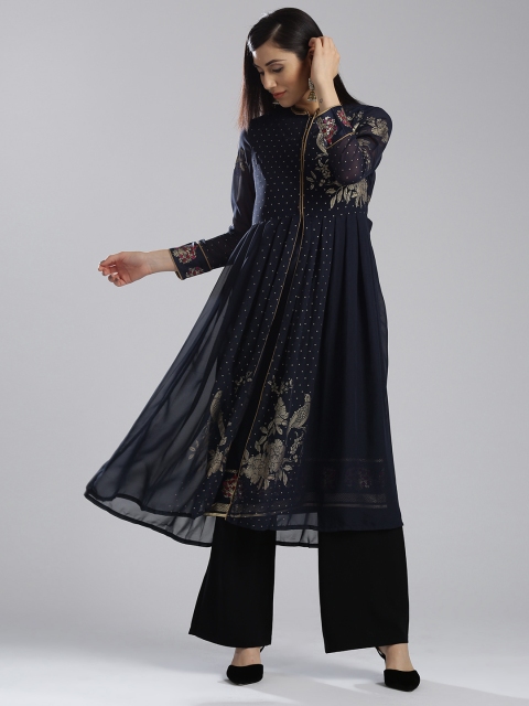 

WISHFUL by W Women Navy Blue Printed A-Line Kurta