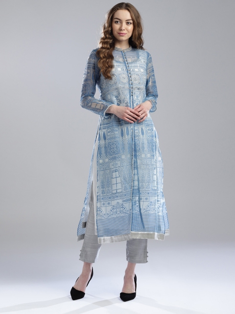 

W Women Blue & White Printed Layered Straight Kurta