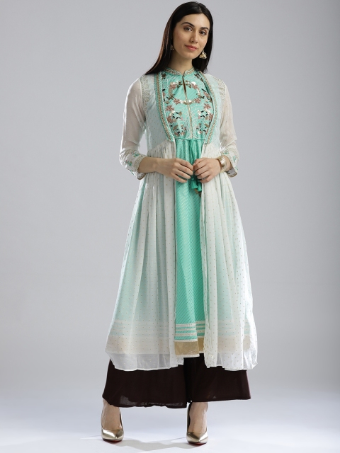 

Wishful by W Women Blue & Off-White Printed Anarkali Kurta with Ethnic Jacket