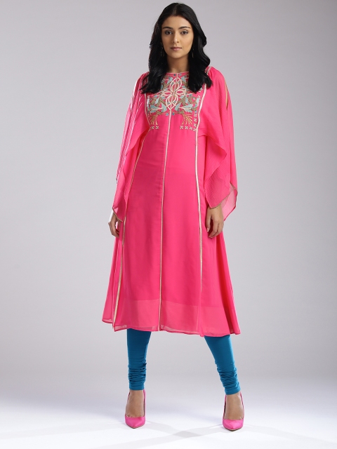 

WISHFUL by W Women Pink Embroidered Layered A-Line Kurta