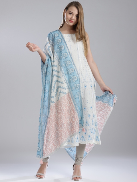 

W Blue & Off-White Printed Pure Cotton Dupatta