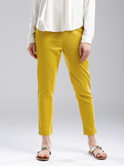 

W Women Mustard Yellow Regular Fit Solid Cropped Trousers